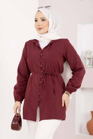 Nervür Detaylı Bağcıklı Gömlek Bordo - Thumbnail