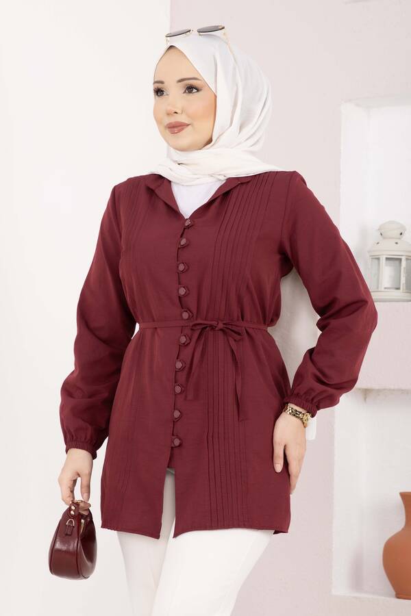 Asm - Nervür Detaylı Bağcıklı Gömlek Bordo (1)