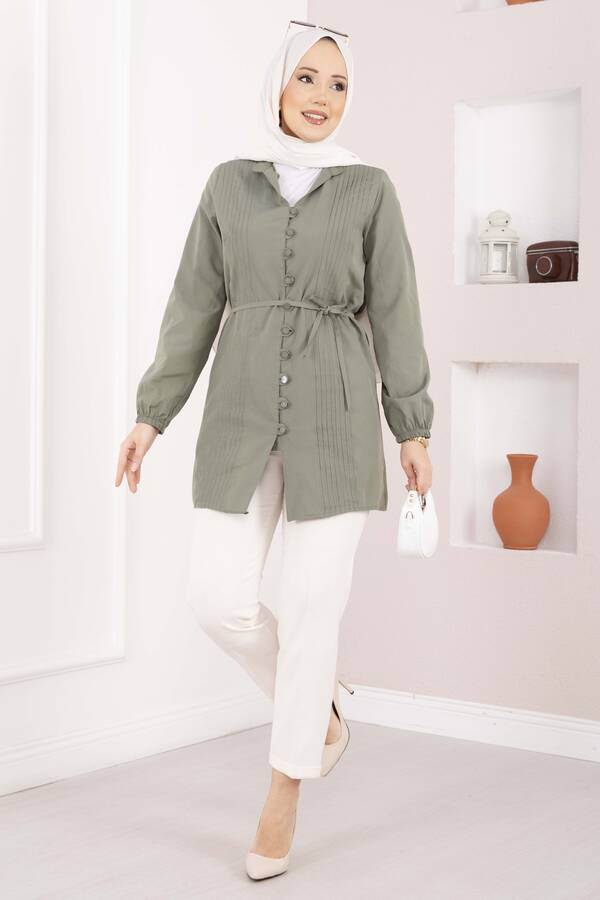 Asm - Nervür Detaylı Bağcıklı Gömlek Haki