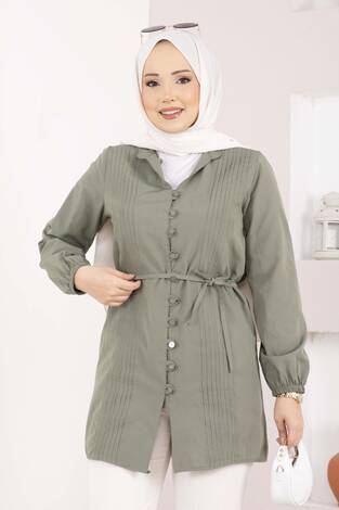 Nervür Detaylı Bağcıklı Gömlek Haki - Thumbnail