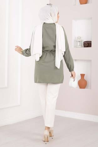 Nervür Detaylı Bağcıklı Gömlek Haki - Thumbnail