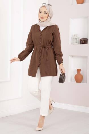 Nervür Detaylı Bağcıklı Gömlek Kahve