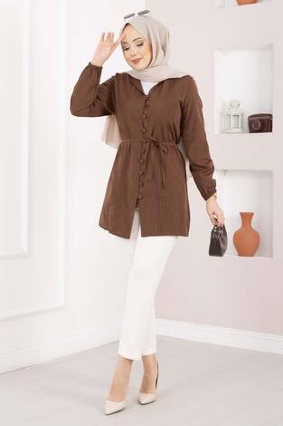 Nervür Detaylı Bağcıklı Gömlek Kahve - Thumbnail