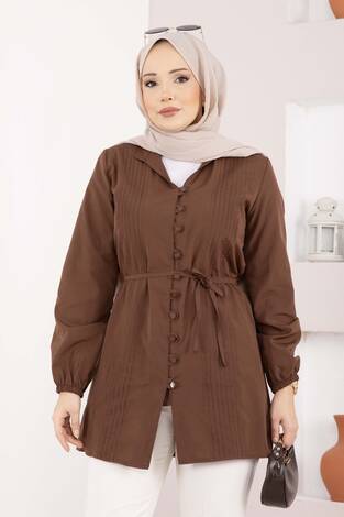 Nervür Detaylı Bağcıklı Gömlek Kahve - Thumbnail