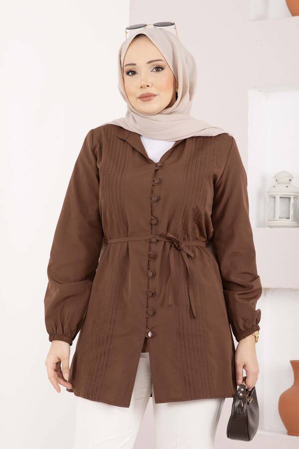 Asm - Nervür Detaylı Bağcıklı Gömlek Kahve (1)
