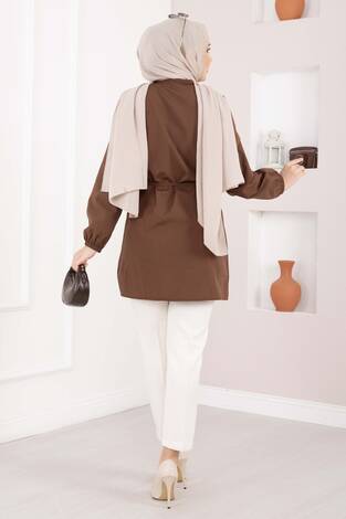 Nervür Detaylı Bağcıklı Gömlek Kahve - Thumbnail