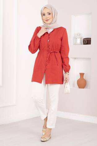Nervür Detaylı Bağcıklı Gömlek Kırmızı - Thumbnail