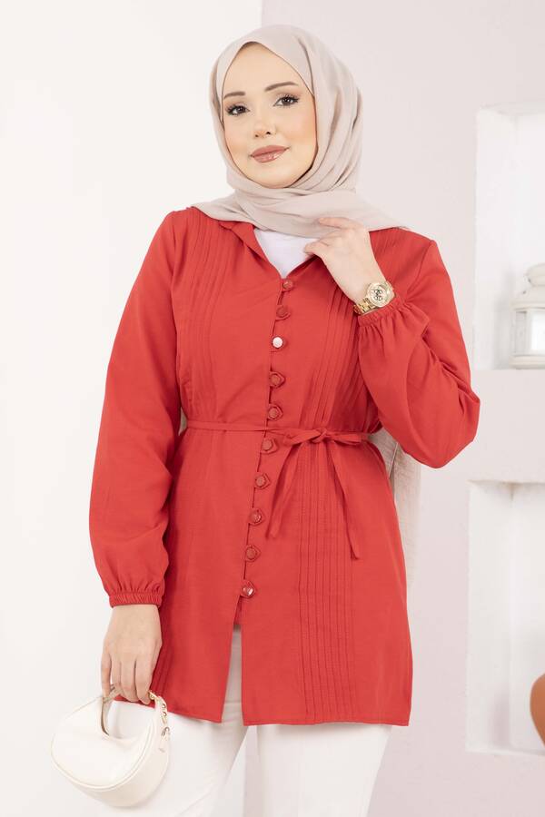 Asm - Nervür Detaylı Bağcıklı Gömlek Kırmızı (1)
