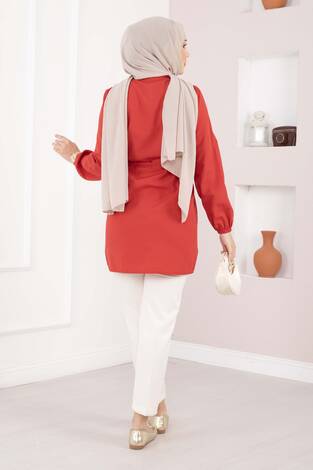 Nervür Detaylı Bağcıklı Gömlek Kırmızı - Thumbnail