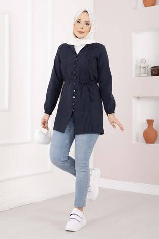 Nervür Detaylı Bağcıklı Gömlek Lacivert - Thumbnail