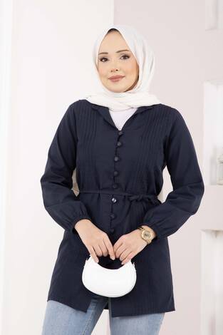 Nervür Detaylı Bağcıklı Gömlek Lacivert - Thumbnail