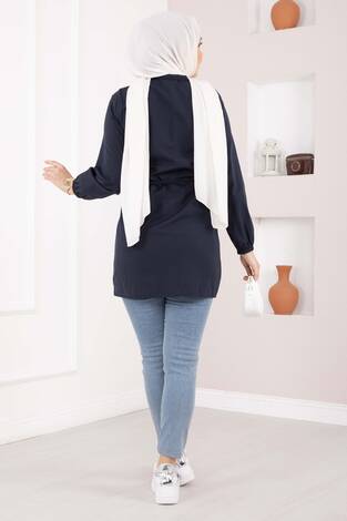 Nervür Detaylı Bağcıklı Gömlek Lacivert - Thumbnail