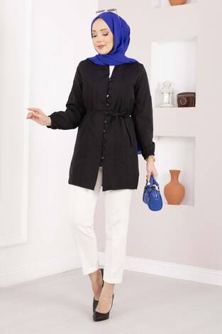 Nervür Detaylı Bağcıklı Gömlek Siyah - Thumbnail