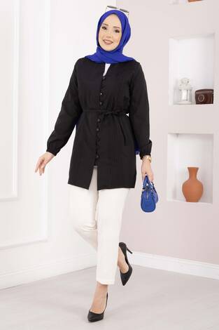 Nervür Detaylı Bağcıklı Gömlek Siyah - Thumbnail