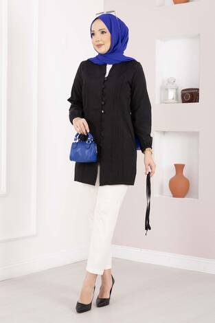 Nervür Detaylı Bağcıklı Gömlek Siyah - Thumbnail