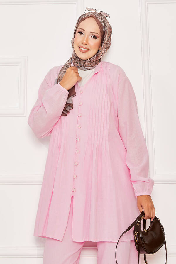 Htn - Nervür Detaylı Brit Düğmeli İkili Takım Pembe (1) Htn - Nervür Detaylı Brit Düğmeli İkili Takım Pembe (1)