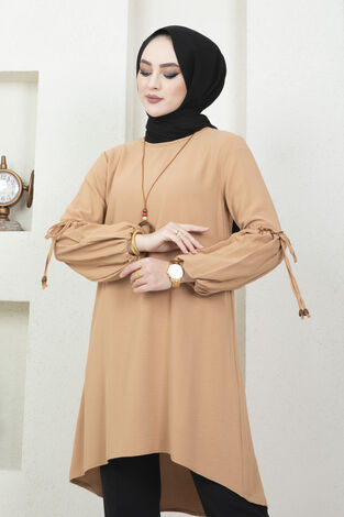 Nesa Fiyonk Detaylı Tesettür Tunik Camel - Thumbnail