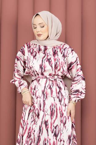 Neva Beli Büzgülü Kuşaklı Elbise Fuşya - Thumbnail