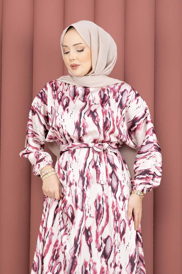 MD - Neva Beli Büzgülü Kuşaklı Elbise Fuşya (1)