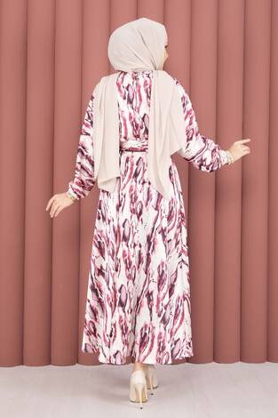 Neva Beli Büzgülü Kuşaklı Elbise Fuşya - Thumbnail