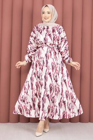 Neva Beli Büzgülü Kuşaklı Elbise Fuşya - Thumbnail