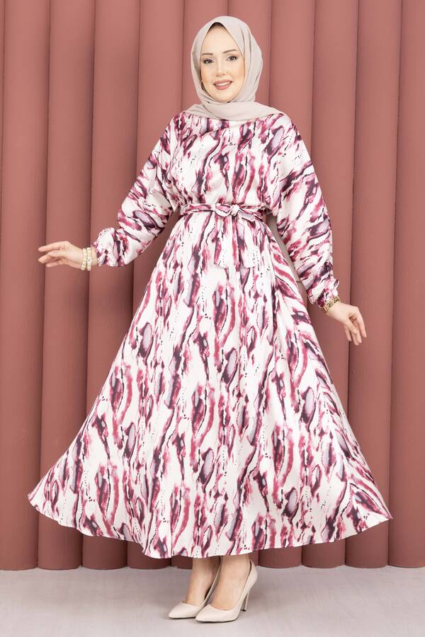 MD - Neva Beli Büzgülü Kuşaklı Elbise Fuşya