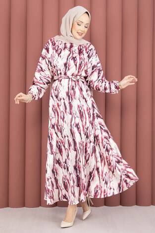 Neva Beli Büzgülü Kuşaklı Elbise Fuşya - Thumbnail