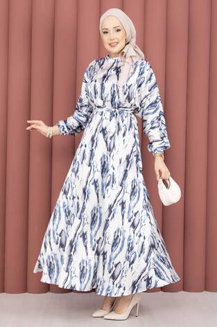 Neva Beli Büzgülü Kuşaklı Elbise İndigo - Thumbnail