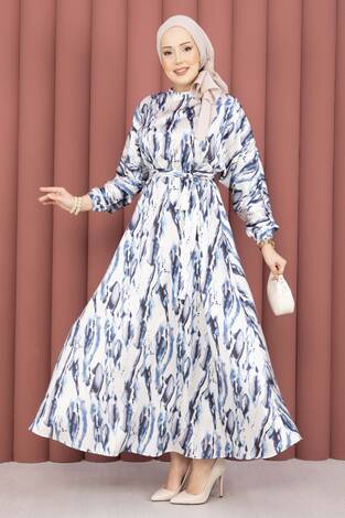 Neva Beli Büzgülü Kuşaklı Elbise İndigo - Thumbnail