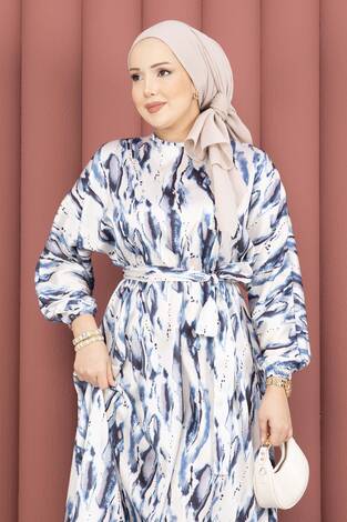 Neva Beli Büzgülü Kuşaklı Elbise İndigo - Thumbnail