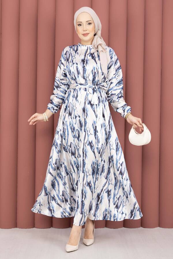 MD - Neva Beli Büzgülü Kuşaklı Elbise İndigo