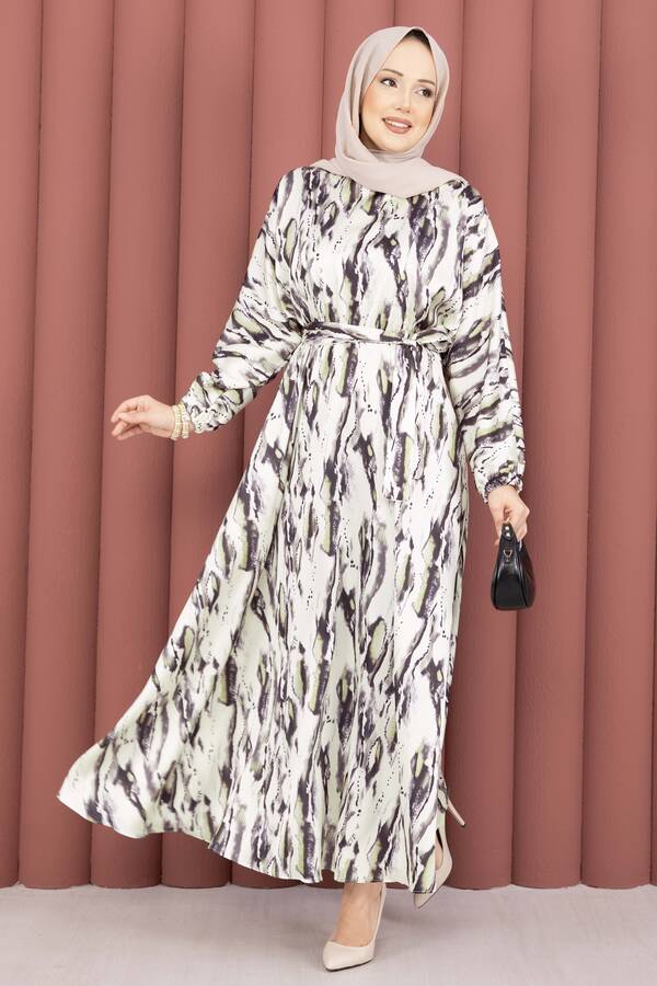 MD - Neva Beli Büzgülü Kuşaklı Elbise Siyah