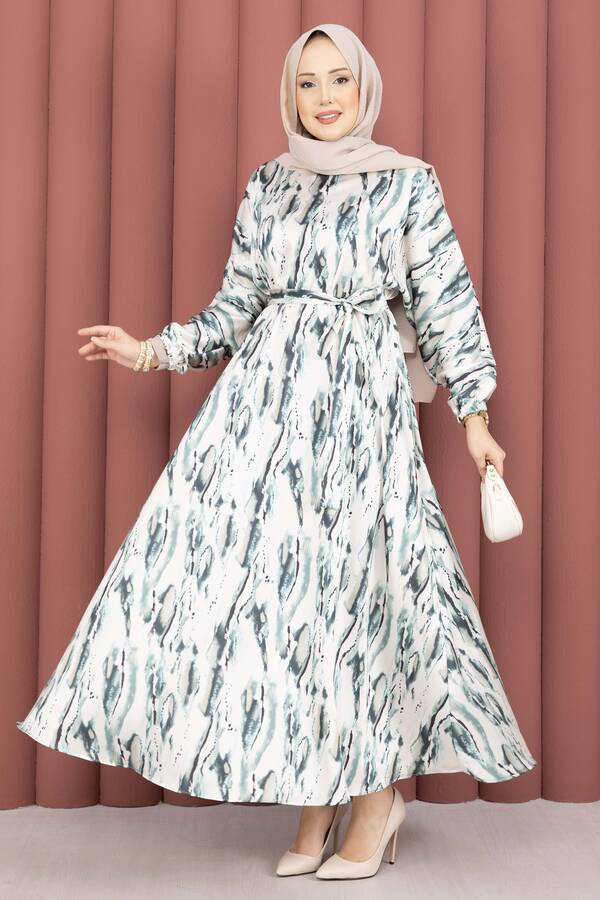 MD - Neva Beli Büzgülü Kuşaklı Elbise Zümrüt