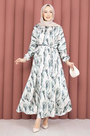 Neva Beli Büzgülü Kuşaklı Elbise Zümrüt - Thumbnail