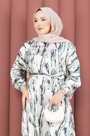 Neva Beli Büzgülü Kuşaklı Elbise Zümrüt - Thumbnail