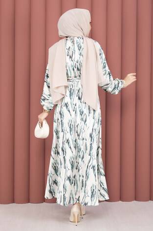 Neva Beli Büzgülü Kuşaklı Elbise Zümrüt - Thumbnail