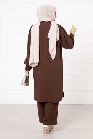 Nevrül Detaylı Gömlek Yaka Takım Kahve - Thumbnail