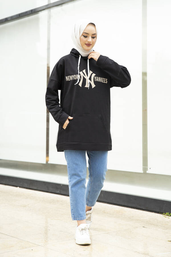 Newyork Yankees Yazılı Tesettür Sweatshirt Siyah