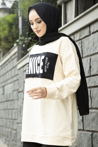 Nice Yazılı Sweat 120NY-5361 Krem-Siyah - Thumbnail