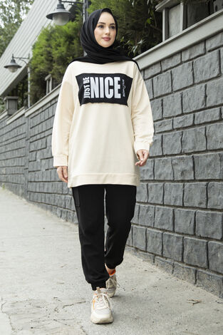Nice Yazılı Sweat 120NY-5361 Krem-Siyah - Thumbnail