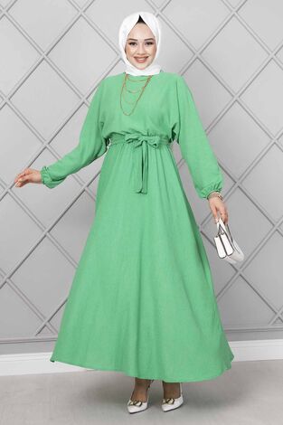 Nihal Beli Kuşaklı Tesettür Elbise Açık Yeşil - Thumbnail
