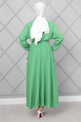Nihal Beli Kuşaklı Tesettür Elbise Açık Yeşil - Thumbnail
