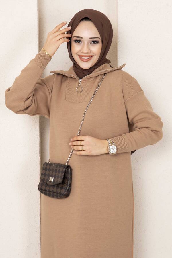 Mi̇ - Nil Triko Tesettür Elbise Camel (1)