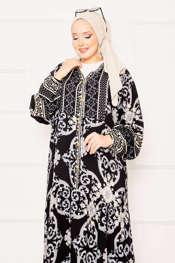 Zmr - Nisa Desen Tesettür Elbise Siyah (1)