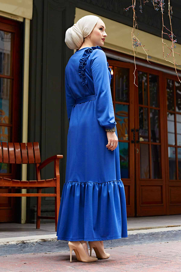 Omuz Fırfırlı Tesettür Elbise 220SH-6741 Parlament Mavisi