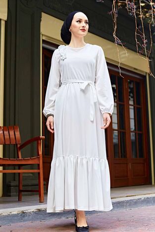Omuz Fırfırlı Tesettür Elbise 220SH-6741 Beyaz - Thumbnail