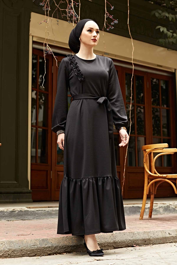 Omuz Fırfırlı Tesettür Elbise 220SH-6741 Siyah