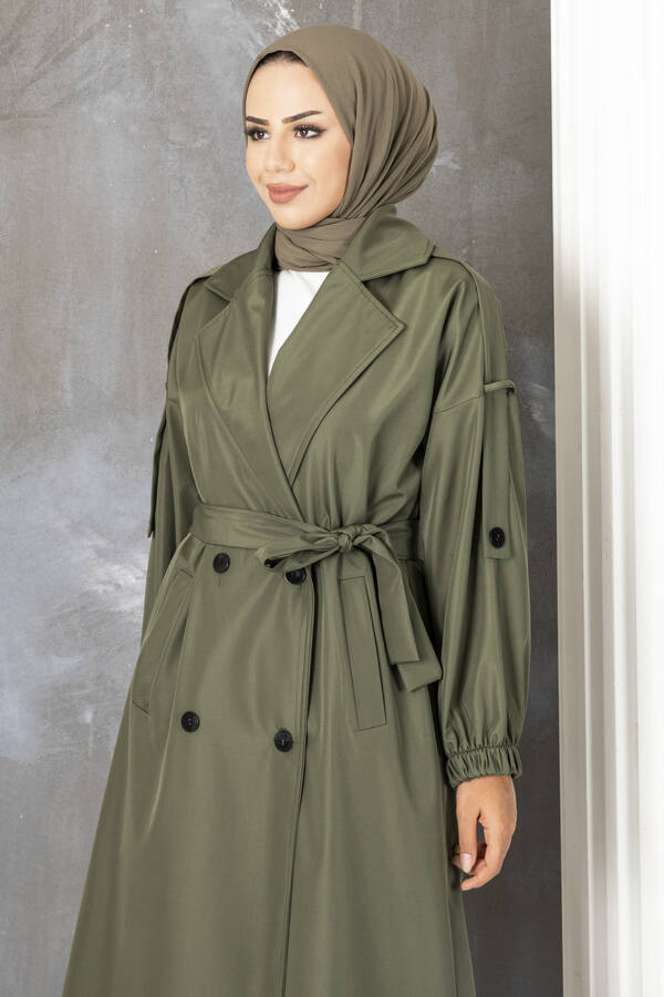 MD - Omuz Kemerli Beli Kuşaklı Tesettür Trenç Haki (1)