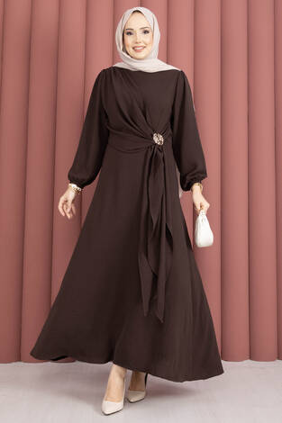 Omuzdan Allerli Yandan Bağlamalı Tesettür Elbise Kahve - Thumbnail