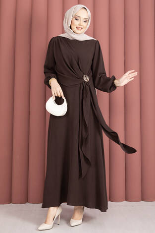 Omuzdan Allerli Yandan Bağlamalı Tesettür Elbise Kahve - Thumbnail